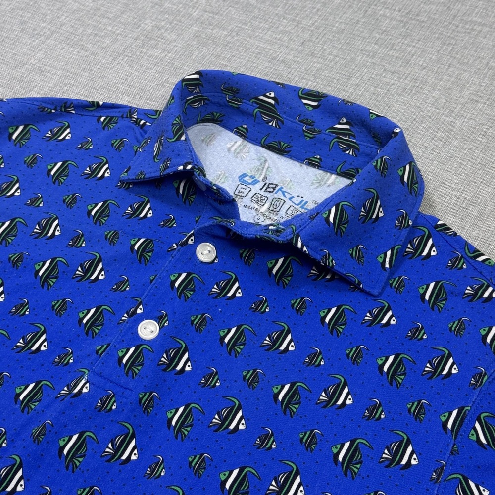 IBKUL Fish Print Polo Shirt Mens Small Blue Golf Performance Moisture Wicking